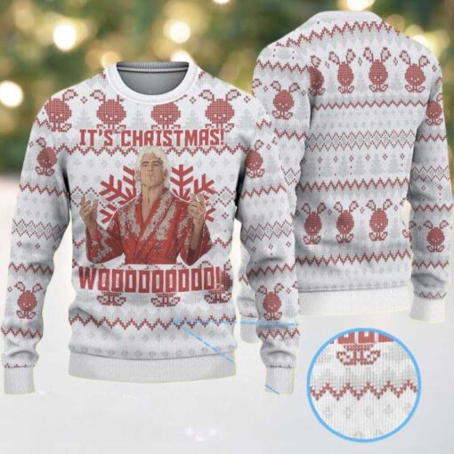 White Ugly Christmas Sweater with Red Snowflake Pattern Featuring Chivas Christmas Character