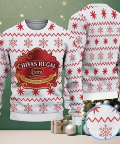 White Ugly Christmas Sweater with Red Snowflake Pattern Featuring Chivas Regal Whisky Logo