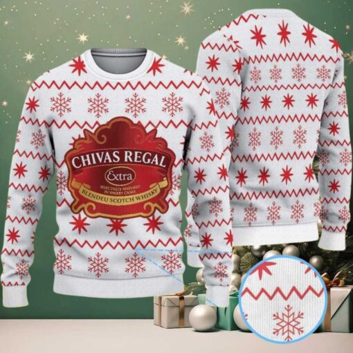 White Ugly Christmas Sweater with Red Snowflake Pattern Featuring Chivas Regal Whisky Logo