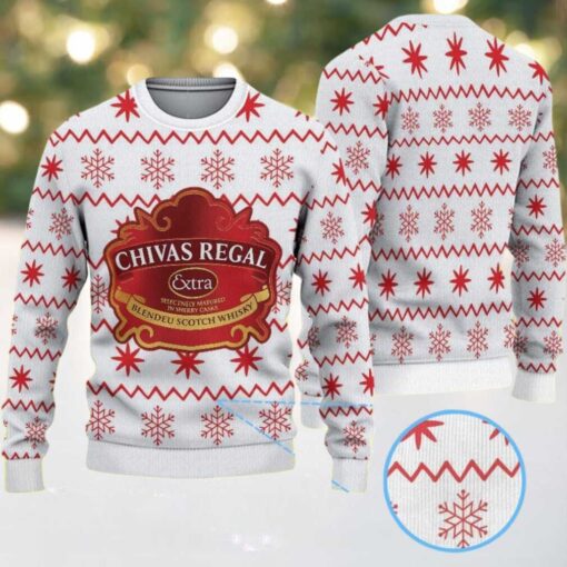 White Ugly Christmas Sweater with Red Snowflake Pattern Featuring Chivas Regal Whisky Logo