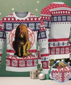 White Ugly Christmas Sweater with Red and Blue Snowflake Pattern Featuring Chivas Lion