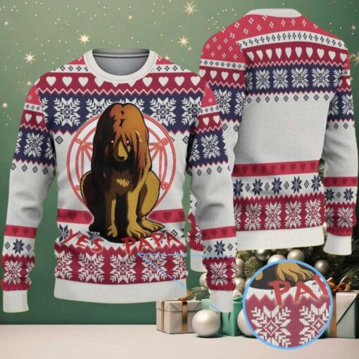 White Ugly Christmas Sweater with Red and Blue Snowflake Pattern Featuring Chivas Lion