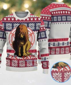 White Ugly Christmas Sweater with Red and Blue Snowflake Pattern Featuring Chivas Lion