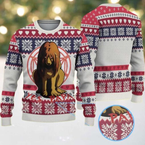 White Ugly Christmas Sweater with Red and Blue Snowflake Pattern Featuring Chivas Lion