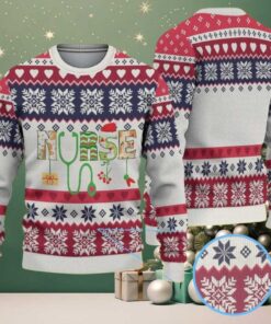 White Ugly Christmas Sweater with Red and Navy Snowflake Pattern Featuring Nurse Stethoscope and Holiday Elements