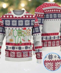 White Ugly Christmas Sweater with Red and Navy Snowflake Pattern Featuring Nurse Stethoscope and Holiday Elements