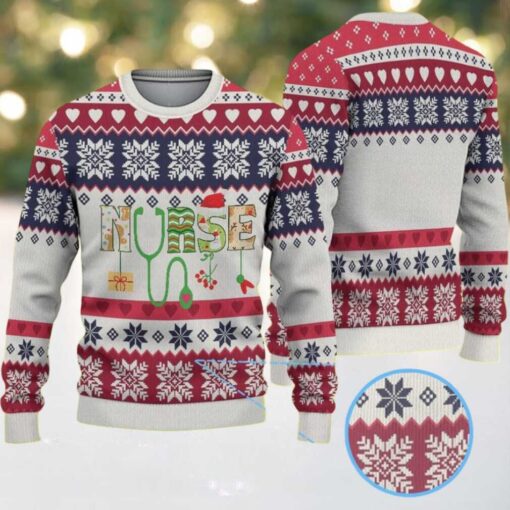 White Ugly Christmas Sweater with Red and Navy Snowflake Pattern Featuring Nurse Stethoscope and Holiday Elements