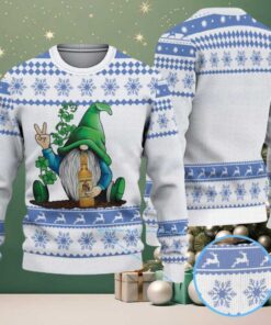 White and Blue Gnome Beer Clover Reindeer and Snowflake Pattern Vintage Ugly Christmas Sweater