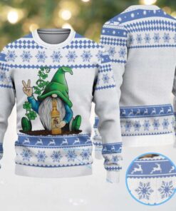 White and Blue Gnome Beer Clover Reindeer and Snowflake Pattern Vintage Ugly Christmas Sweater