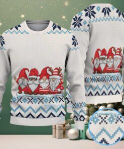 White and Blue Three Christmas Gnomes with Zigzag Snowflake Pattern Vintage Ugly Christmas Sweater White and Blue Three Christmas Gnomes with Zigzag Snowflake Pattern Vintage Ugly Christmas Sweater