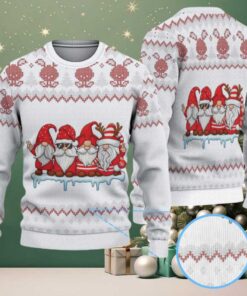 White and Red Four Christmas Gnomes with Pixel Santa and Zigzag Heart Pattern Vintage Ugly Christmas Sweater