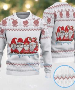 White and Red Four Christmas Gnomes with Pixel Santa and Zigzag Heart Pattern Vintage Ugly Christmas Sweater