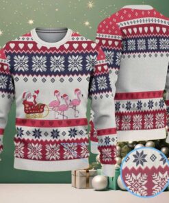 White and Red Ugly Christmas Sweater with Snowflake and Heart Pattern Featuring Pink Flamingos and Santa Sleigh