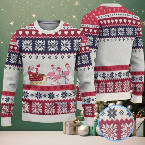 White and Red Ugly Christmas Sweater with Snowflake and Heart Pattern Featuring Pink Flamingos and Santa Sleigh
