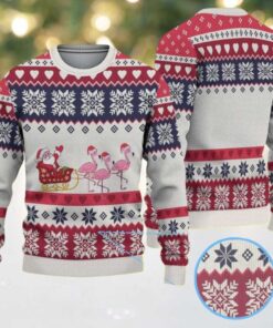 White and Red Ugly Christmas Sweater with Snowflake and Heart Pattern Featuring Pink Flamingos and Santa Sleigh