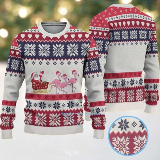 White and Red Ugly Christmas Sweater with Snowflake and Heart Pattern Featuring Pink Flamingos and Santa Sleigh