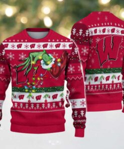 Wisconsin Badgers Merry Christmas Grinch Hand NCAA Ugly Christmas Sweater