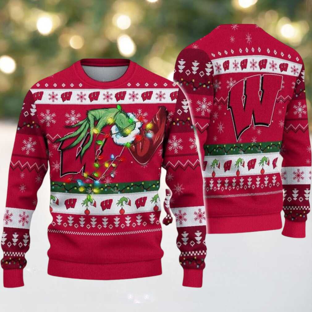 Wisconsin Badgers Merry Christmas Grinch Hand NCAA Ugly Christmas Sweater Wisconsin Badgers Merry Christmas Grinch Hand NCAA Ugly Christmas Sweater