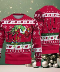Wisconsin Badgers Merry Christmas Grinch Hand NCAA Ugly Christmas Sweater