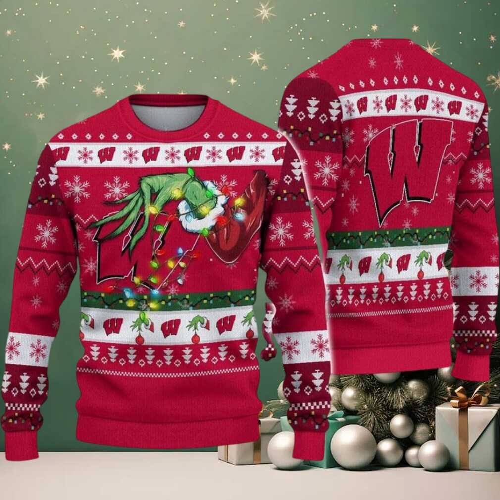 Wisconsin Badgers Merry Christmas Grinch Hand NCAA Ugly Christmas Sweater Wisconsin Badgers Merry Christmas Grinch Hand NCAA Ugly Christmas Sweater