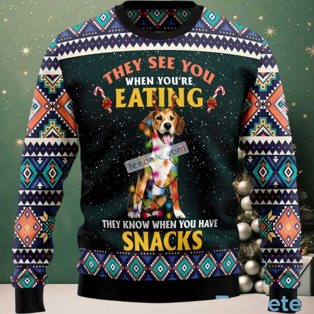 Beagle Dog Mom Eating Snack Ugly Christmas Sweater Green Ugliest, hoodie, sweater, long sleeve and tank top Beagle Dog Mom Eating Snack Ugly Christmas Sweater Green Ugliest detail view