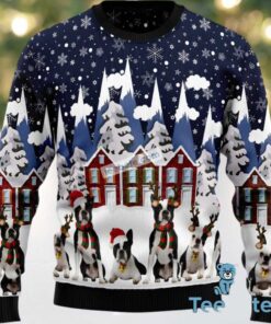 Boston Terrier Dog Dad Mom Ugly Xmas Sweater Blue Party