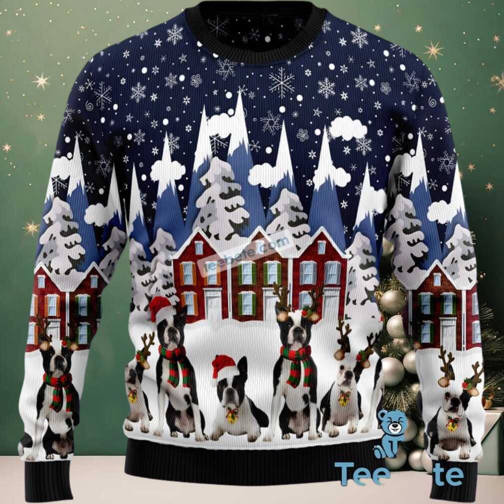 Boston Terrier Dog Dad Mom Ugly Xmas Sweater Blue Party, hoodie, sweater, long sleeve and tank top Boston Terrier Dog Dad Mom Ugly Xmas Sweater Blue Party