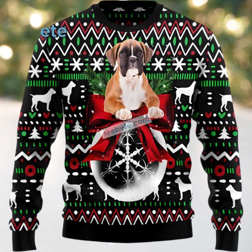 Boxer Dog Dad Mom Ugly Christmas Sweater Black Ugliest, hoodie, sweater, long sleeve and tank top Boxer Dog Dad Mom Ugly Christmas Sweater front view
