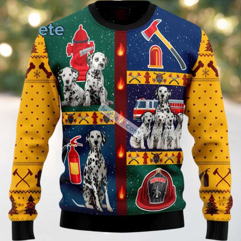 Brave Dalmatian Dog Dad Firefighter Ugly Sweaters For Couples Yellow, hoodie, sweater, long sleeve and tank top Brave Dalmatian Dog Dad Firefighter Ugly Sweaters For Couples Yellow