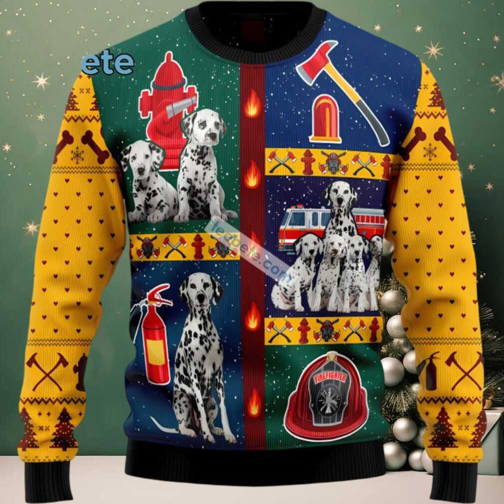 Brave Dalmatian Dog Dad Firefighter Ugly Sweaters For Couples Yellow, hoodie, sweater, long sleeve and tank top Brave Dalmatian Dog Dad Firefighter Ugly Sweaters For Couples Yellow