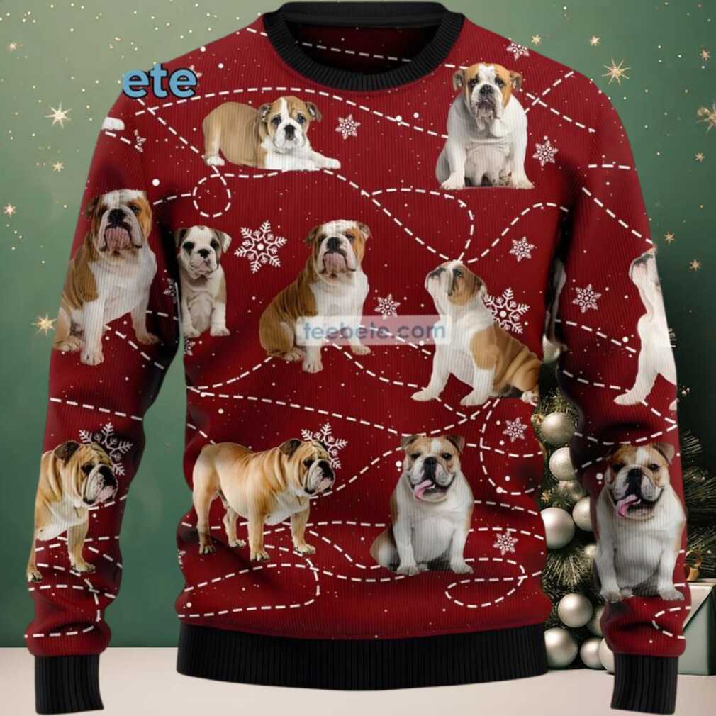 Bulldog Dog Mom Dad Ugly Christmas Sweaters Red Couples, hoodie, sweater, long sleeve and tank top Bulldog Dog Mom Dad Ugly Christmas Sweaters Red Couples detail view
