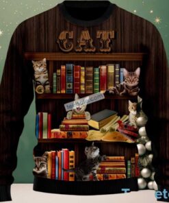 Cat Bookcase Ugly Christmas Sweatshirt