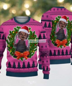 Chucky Christmas Wreath Ugly Sweater Funny Pink Blue