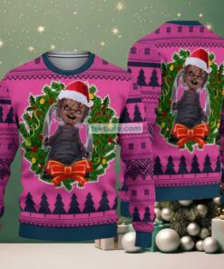 Chucky Christmas Wreath Ugly Sweater Funny Pink Blue, hoodie, sweater, long sleeve and tank top Chucky Christmas Wreath Ugly Sweater Funny Pink Blue