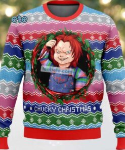 Chucky Christmas Wreath Ugly Xmas Sweater Party Blue Red
