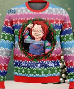 Chucky Christmas Wreath Ugly Xmas Sweater Party Blue Red, hoodie, sweater, long sleeve and tank top Chucky Christmas Wreath Ugly Xmas Sweater Party Blue Red