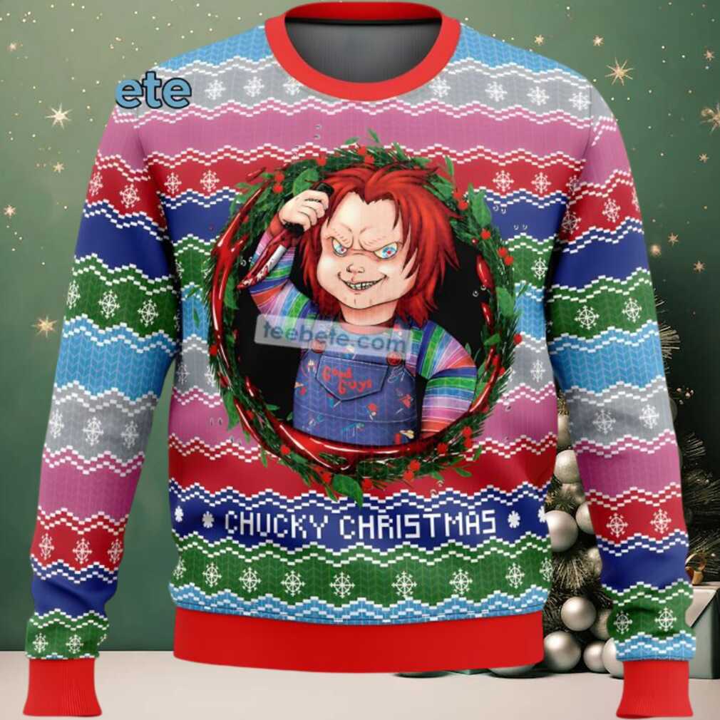 Chucky Christmas Wreath Ugly Xmas Sweater Party Blue Red, hoodie, sweater, long sleeve and tank top Chucky Christmas Wreath Ugly Xmas Sweater Party Blue Red