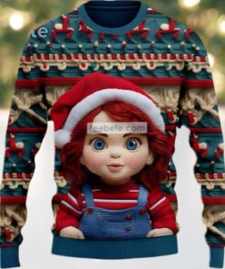 Chucky Santa Hat Ugly Christmas Sweater So Cute Blue Red