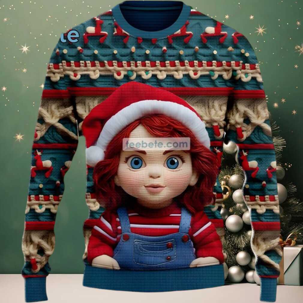 Chucky Santa Hat Ugly Christmas Sweater So Cute Blue Red, hoodie, sweater, long sleeve and tank top Chucky Santa Hat Ugly Christmas Sweater So Cute Blue Red detail