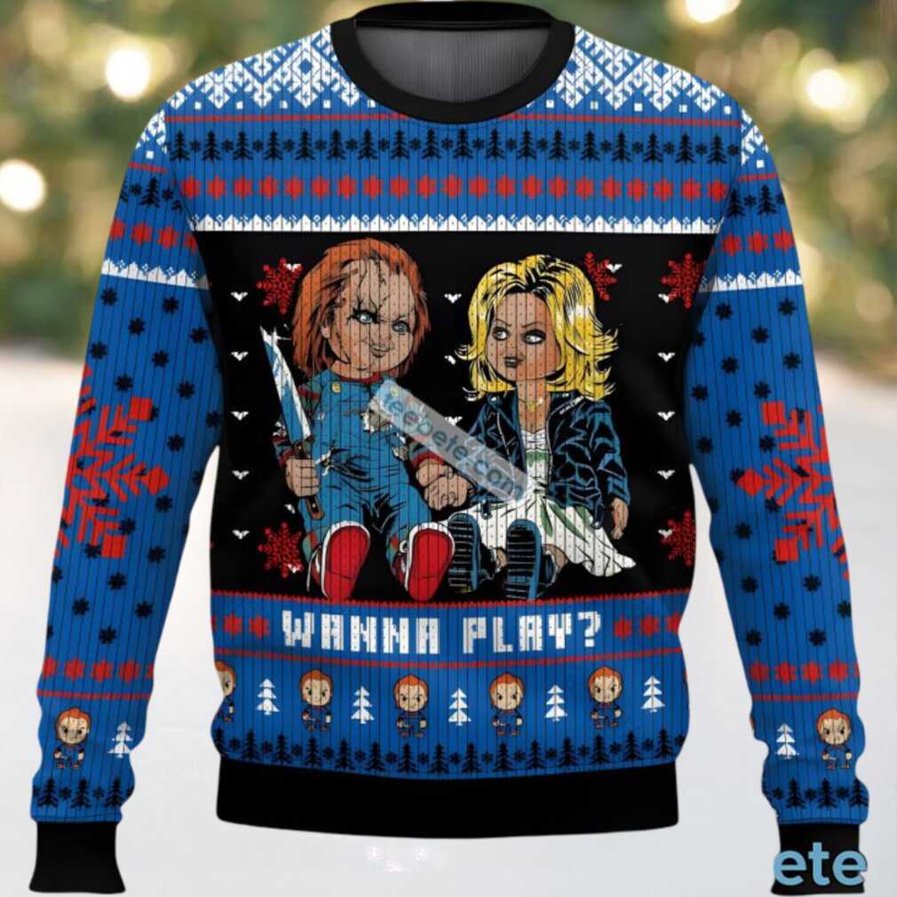 Chucky Wanna Play Ugly Cardigan Christmas Black Blue, hoodie, sweater, long sleeve and tank top Chucky Wanna Play Ugly Cardigan Christmas Black Blue