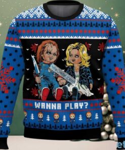 Chucky Wanna Play Ugly Cardigan Christmas Black Blue, hoodie, sweater, long sleeve and tank top Chucky Wanna Play Ugly Cardigan Christmas Black Blue