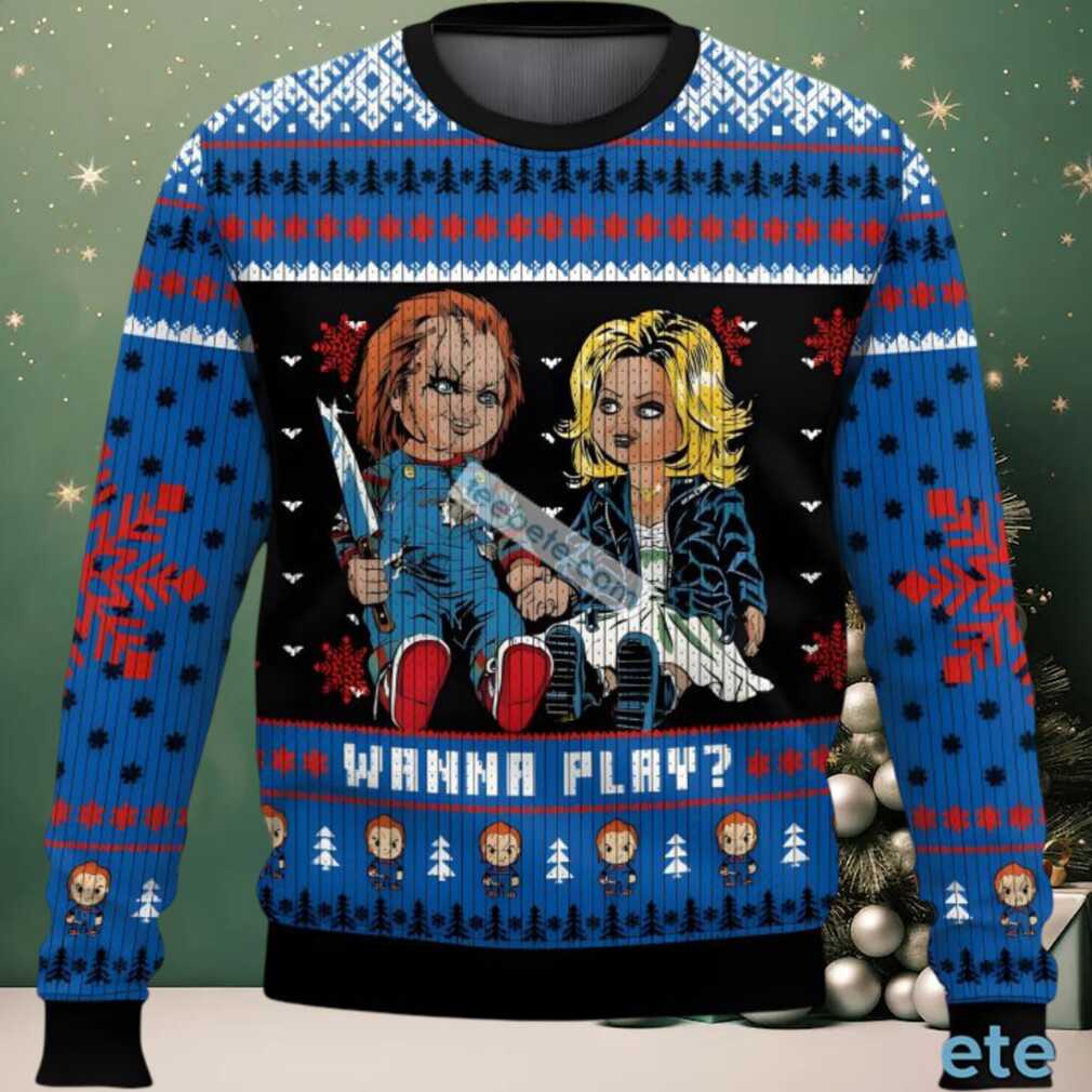 Chucky Wanna Play Ugly Cardigan Christmas Black Blue, hoodie, sweater, long sleeve and tank top Chucky Wanna Play Ugly Cardigan Christmas Black Blue