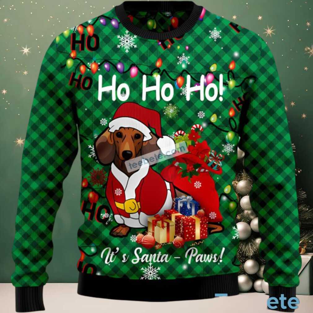 Dachshund Dog Face Santa Paw Ugly Christmas Sweater Womens Green, hoodie, sweater, long sleeve and tank top Dachshund Dog Face Santa Paw Ugly Christmas Sweater Womens Green detail
