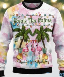 Deck The Palms Vacation Flamingo Ugly Christmas Sweater
