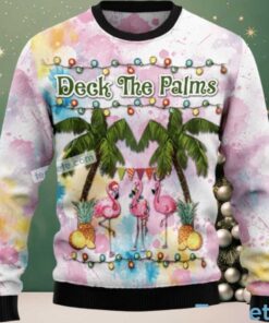 Deck The Palms Vacation Flamingo Ugly Christmas Sweater