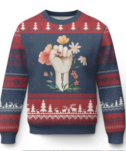 Empowered Women Ugly Christmas Sweater Resist Raised Fist Retro Boho