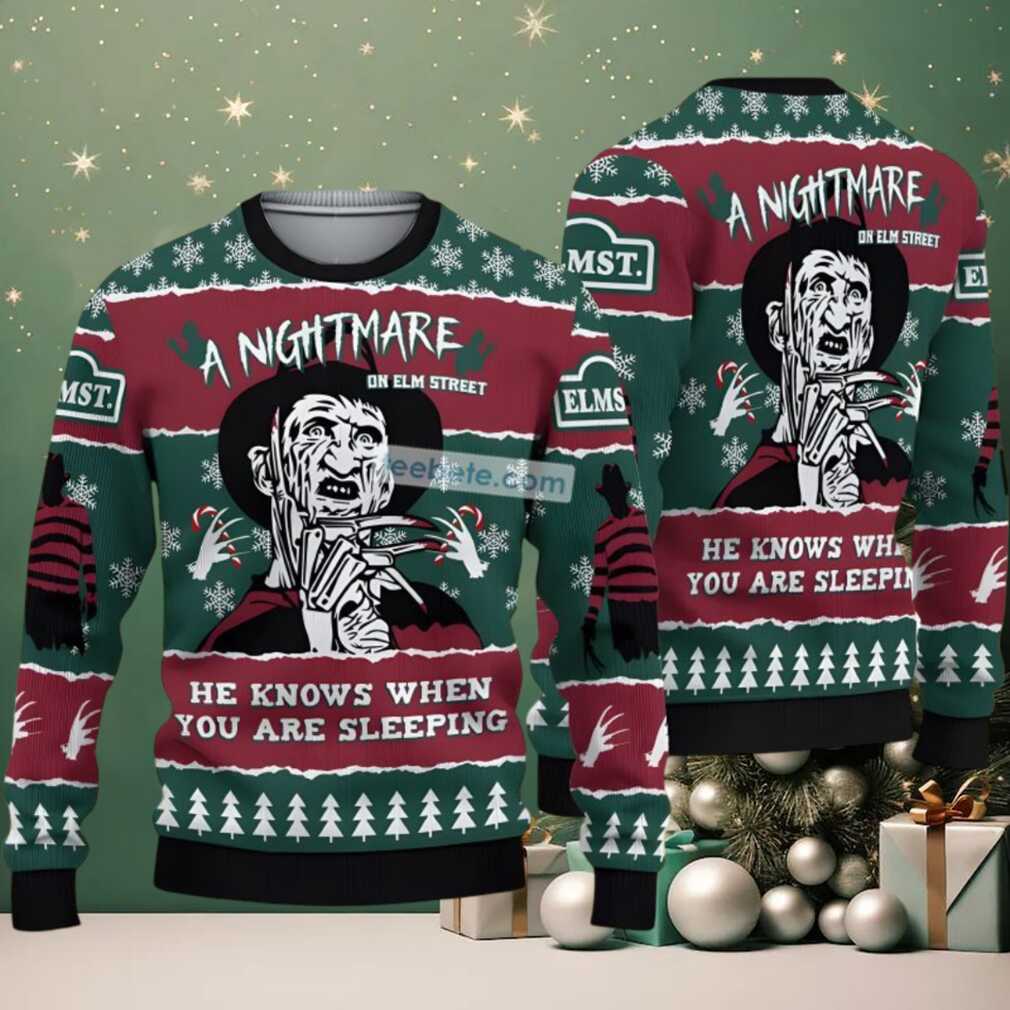 Freddy Krueger A Nightmare On Elm Street Ugly Christmas Sweater Green Red, hoodie, sweater, long sleeve and tank top Freddy Krueger A Nightmare On Elm Street Ugly Christmas Sweater Green Red