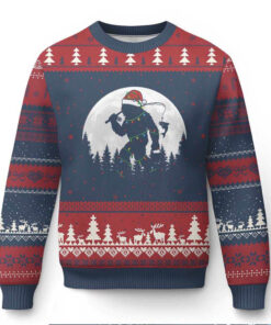 Funny Bigfoot Fishing Xmas Ugly Christmas Sweater Sasquatch Moon Fisherman