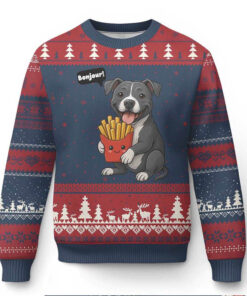 Funny Bonjour French Fries Ugly Christmas Sweater Pitbull Dog Gift Funny Bonjour French Fries Ugly Christmas Sweater Pitbull Dog Gift