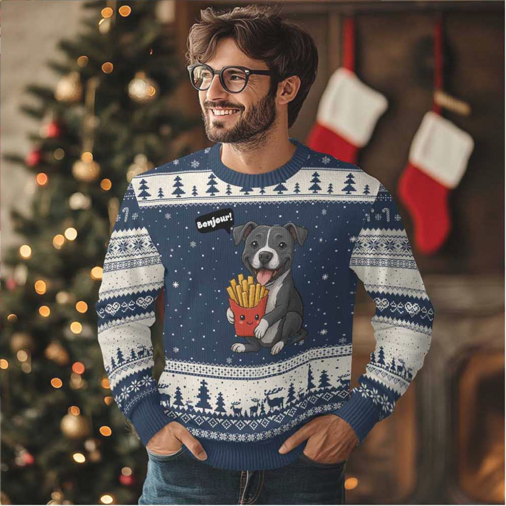 Funny Bonjour French Fries Ugly Christmas Sweater Pitbull Dog Gift Funny Bonjour French Fries Ugly Christmas Sweater Pitbull Dog Gift